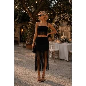 Siyah Püskül Detaylı Askılı Crop Bluz Beach Club Festival Ve Gece Stili
