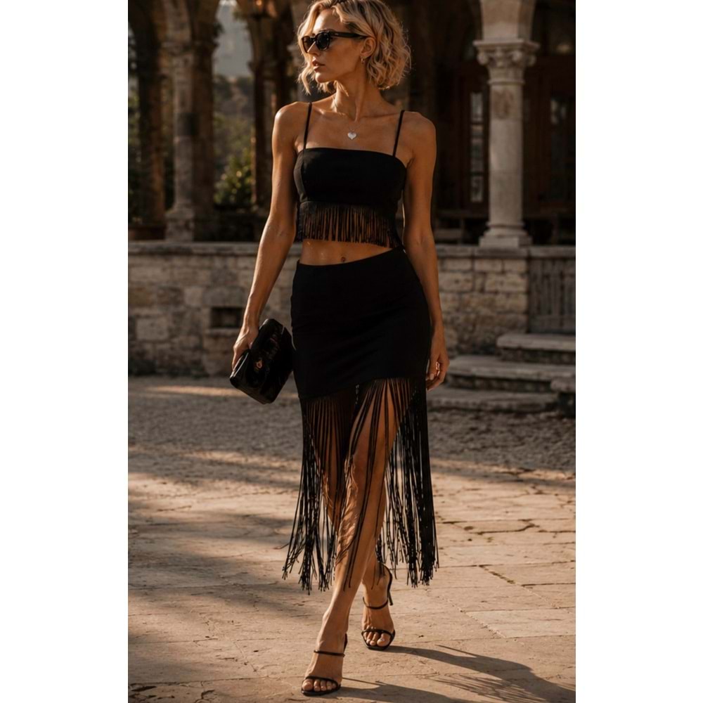 Siyah Püskül Detaylı Mini Salsa Etek -Show Your Style ! By Ibeeka
