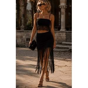Siyah Püskül Detaylı Mini Salsa Etek -Show Your Style ! By Ibeeka