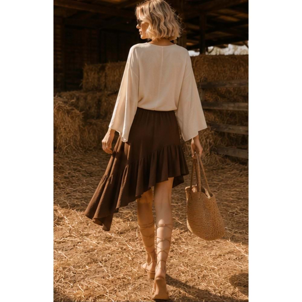 Ibeeka Bohem Yarasa Kol Boho Chic Balama Detay Crop Bluz Keten Efekt