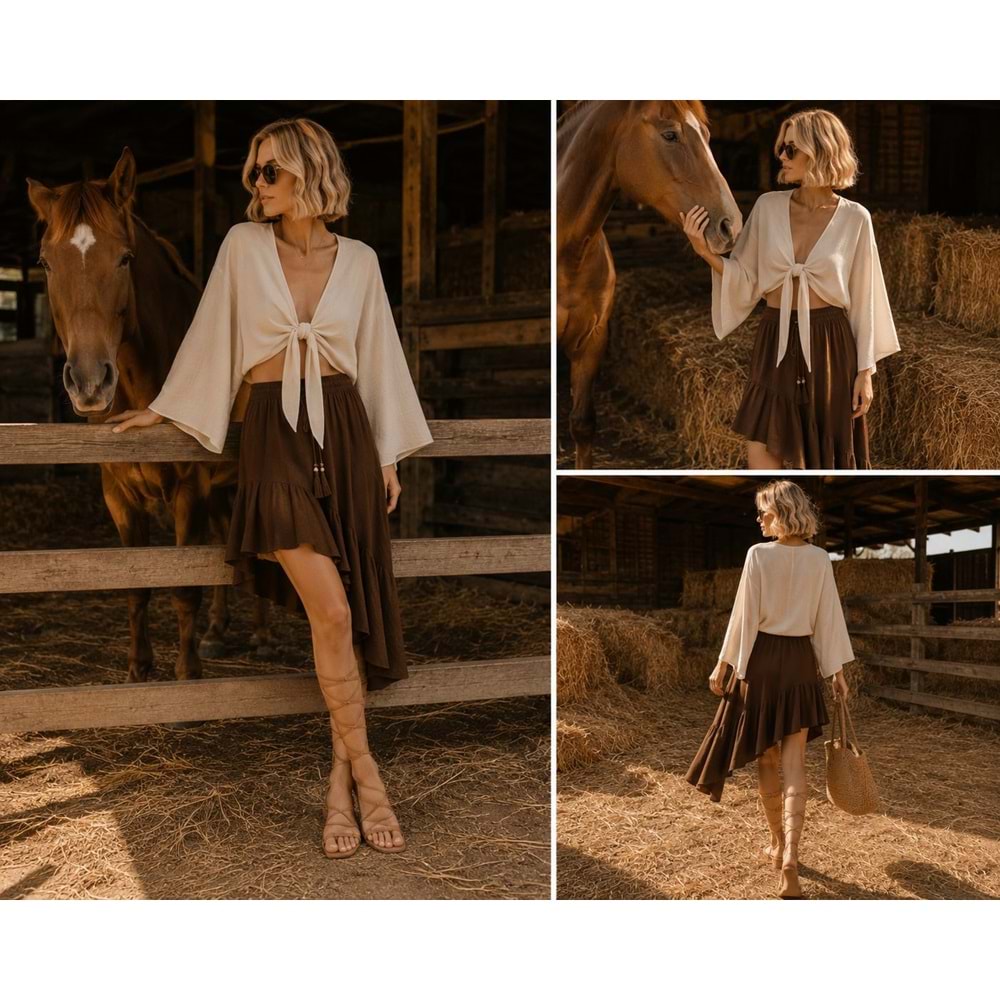 Ibeeka Bohem Yarasa Kol Boho Chic Balama Detay Crop Bluz Keten Efekt