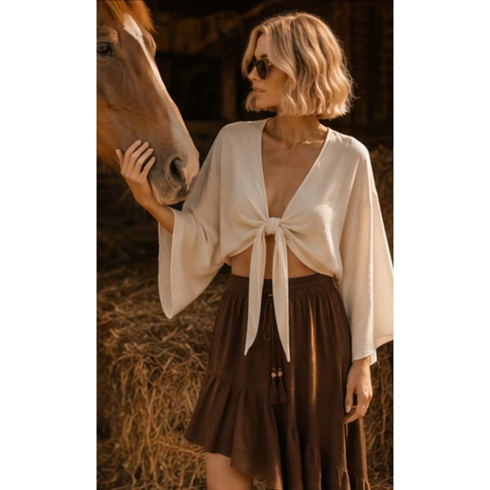 Ibeeka Bohem Asimetrik Kesim Volanlı Boho Chic Keten Efekt Etek