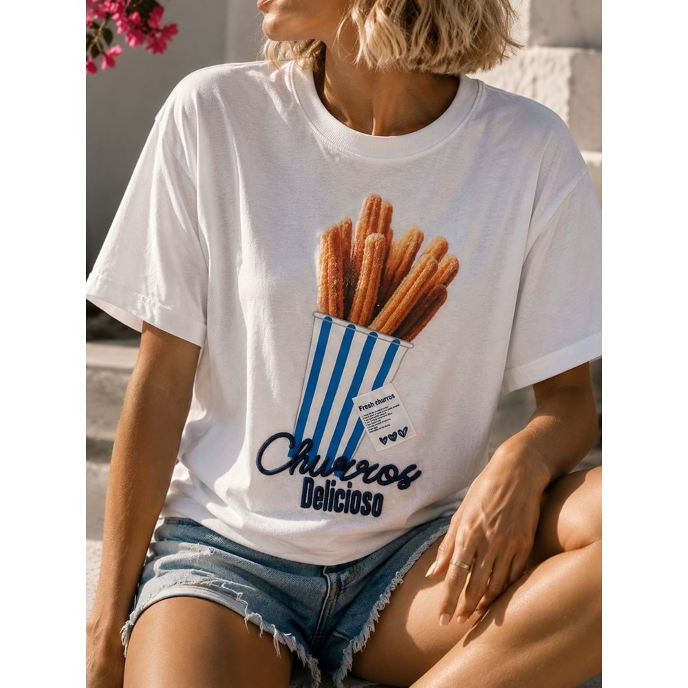 Food Art Churos Nakış İşleme Detqaylı Premium T-Shirt