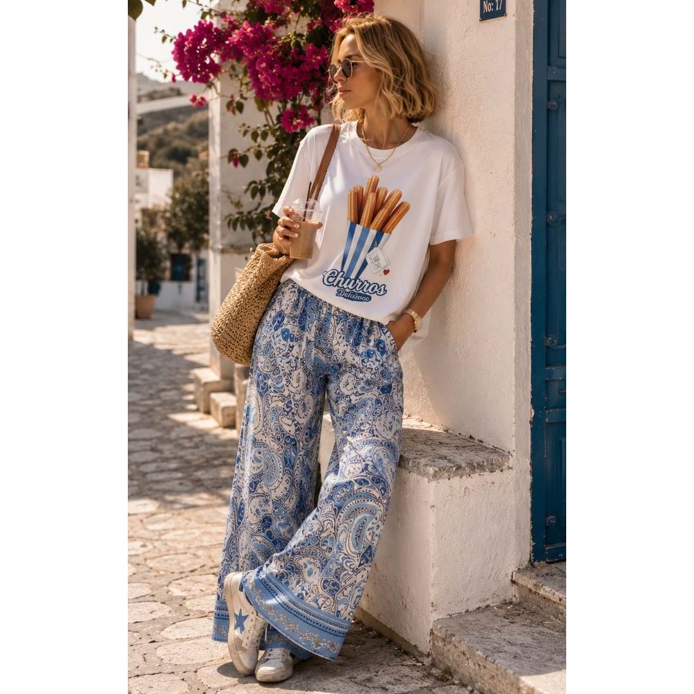 Bohemian Rapsody ! Şal Desen Bol Paça Keten Efekt Pantolon