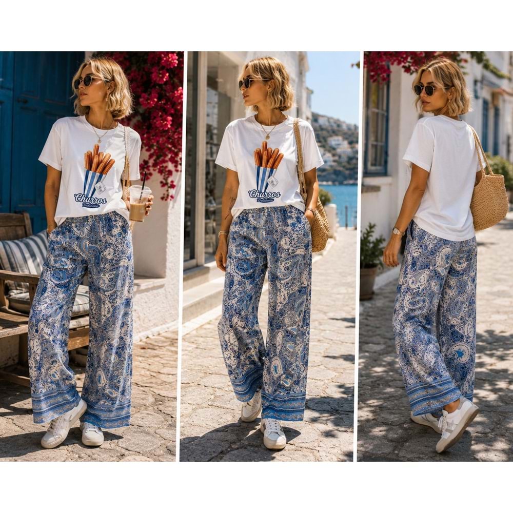 Bohemian Rapsody ! Şal Desen Bol Paça Keten Efekt Pantolon