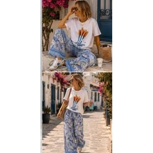 Bohemian Rapsody ! Şal Desen Bol Paça Keten Efekt Pantolon