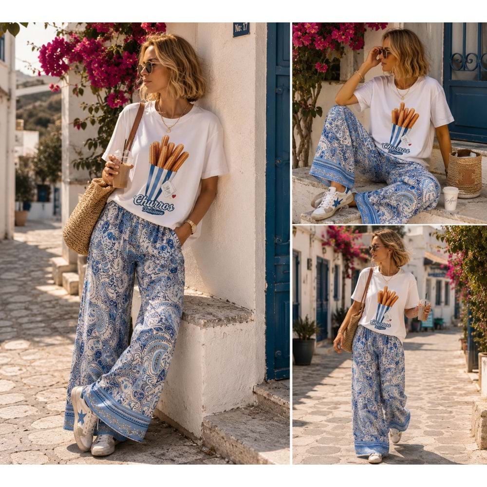 Bohemian Rapsody ! Şal Desen Bol Paça Keten Efekt Pantolon