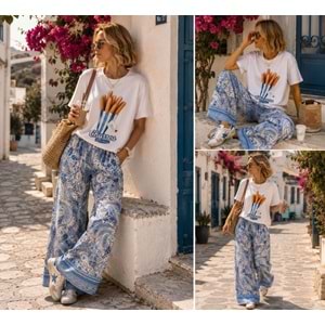 Bohemian Rapsody ! Şal Desen Bol Paça Keten Efekt Pantolon