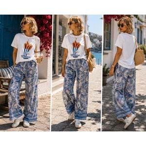 Bohemian Rapsody ! Şal Desen Bol Paça Keten Efekt Pantolon