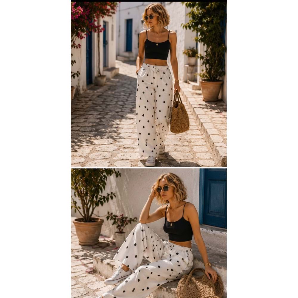 Yüksek Bel Bol Paça Puantiyeli Pazallo Kadın Pantolon Mocha Dots