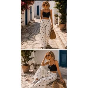 Yüksek Bel Bol Paça Puantiyeli Pazallo Kadın Pantolon Mocha Dots