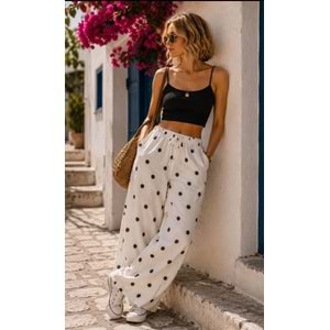Yüksek Bel Bol Paça Puantiyeli Pazallo Kadın Pantolon Mocha Dots