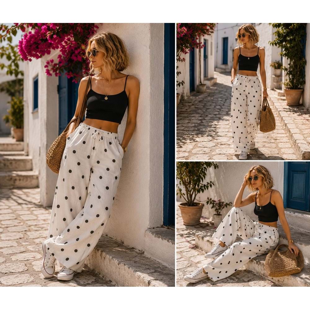 Yüksek Bel Bol Paça Puantiyeli Pazallo Kadın Pantolon Mocha Dots