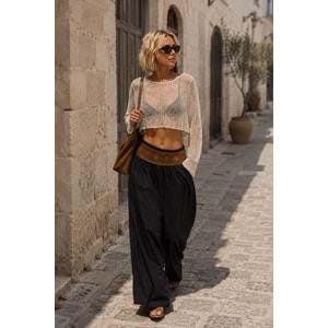 Işıltı Payet Detaylı Ekru - Siyah File Triko Crop Bluz