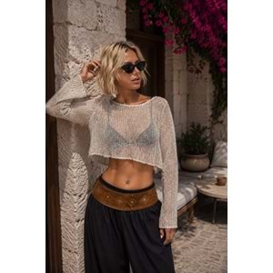 Işıltı Payet Detaylı Ekru - Siyah File Triko Crop Bluz