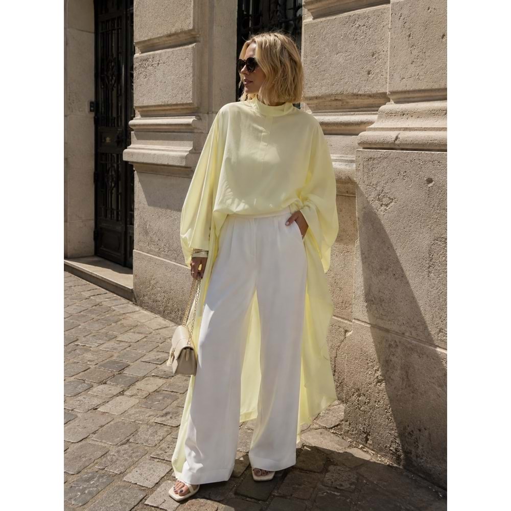 Kadın Bebe Mavi - Beyaz Uzun Asitmetrik Oversize Pamuklu Uçuş Pelerin Bluz