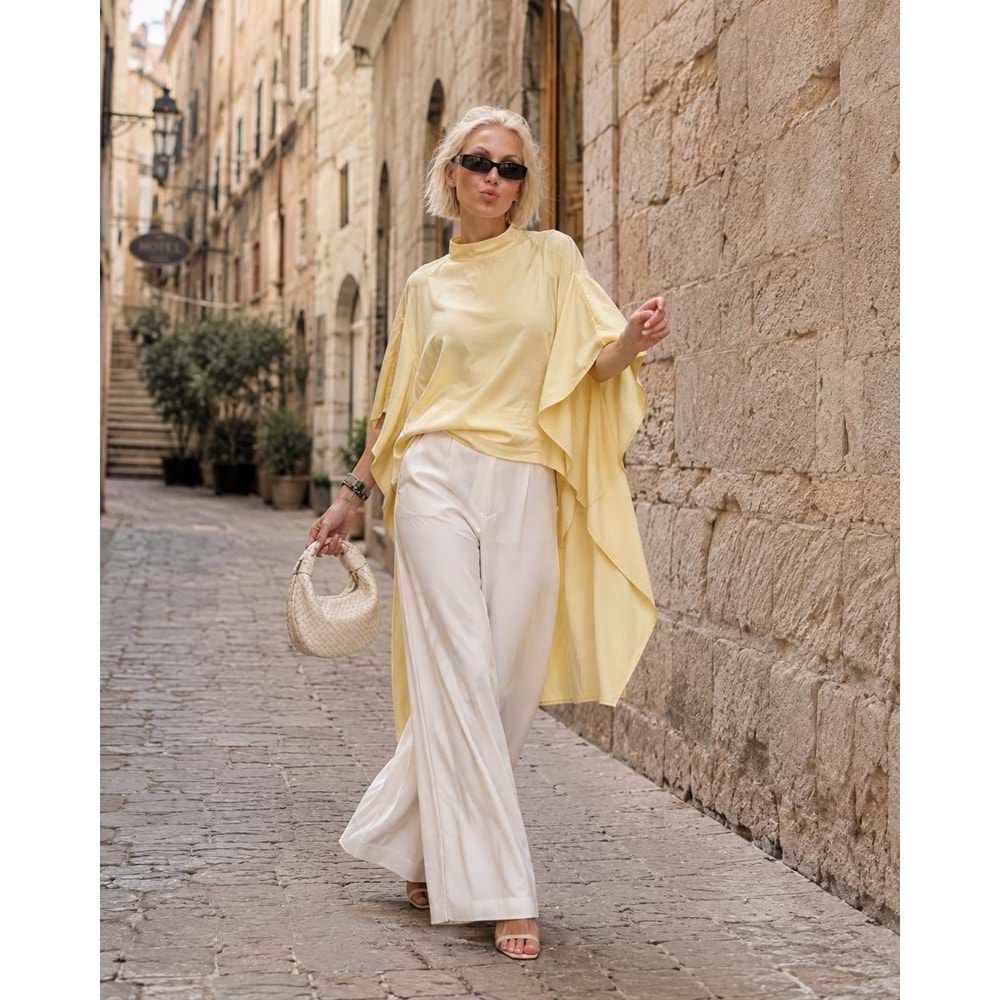 Kadın Bebe Mavi - Beyaz Uzun Asitmetrik Oversize Pamuklu Uçuş Pelerin Bluz