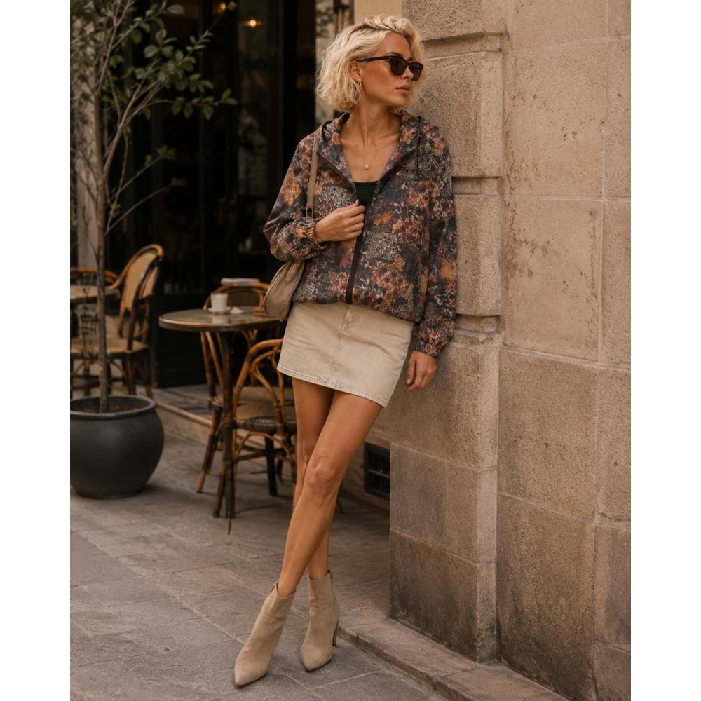 Heritage Print Vintage Desen Kapüşonlu Yağmurluk / Bomber Ceket