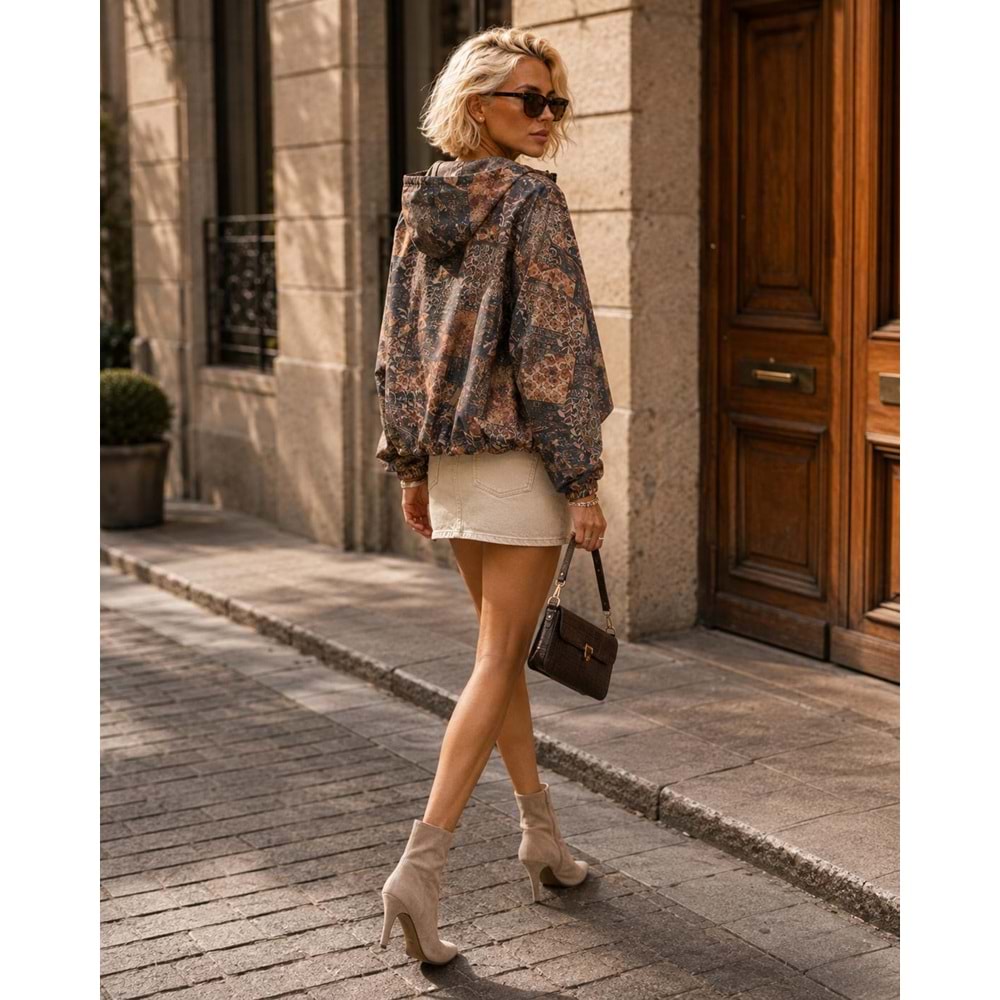 Heritage Print Vintage Desen Kapüşonlu Yağmurluk / Bomber Ceket