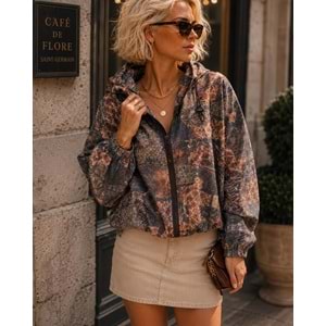 Heritage Print Vintage Desen Kapüşonlu Yağmurluk / Bomber Ceket