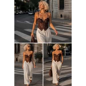 Noir Lace Kahve Dantel Korse Büstiyer Sırt Fermuar Kapamalı