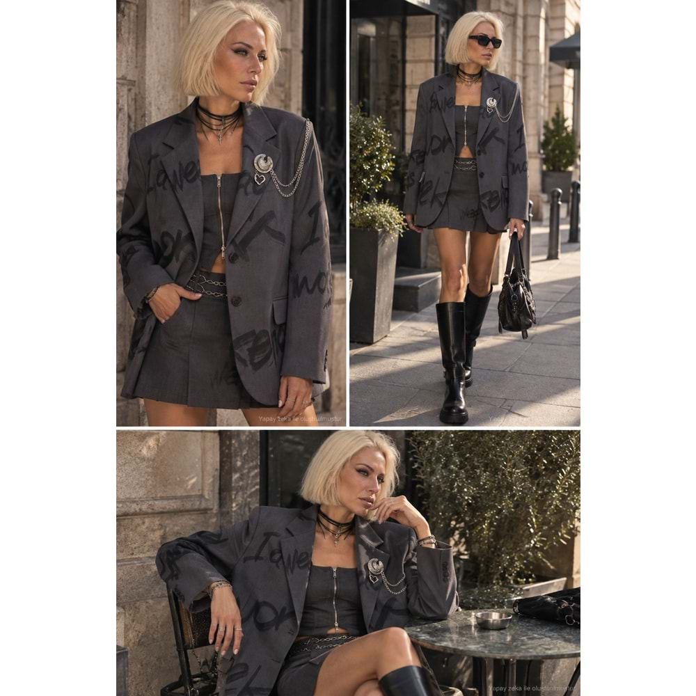 Ibeeka Signature Sellection Graffiti Blazer Ceket Broş Zincir Detaylı Antrasit