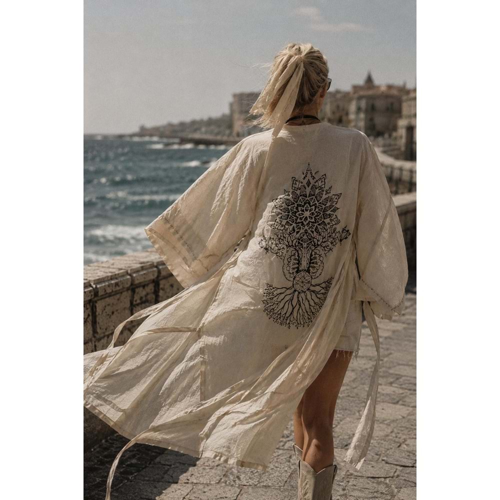 Bohem Tasarım Yeni Sezon Sırt Baskı Detay Hayat Ağacı Kimono Kaftan