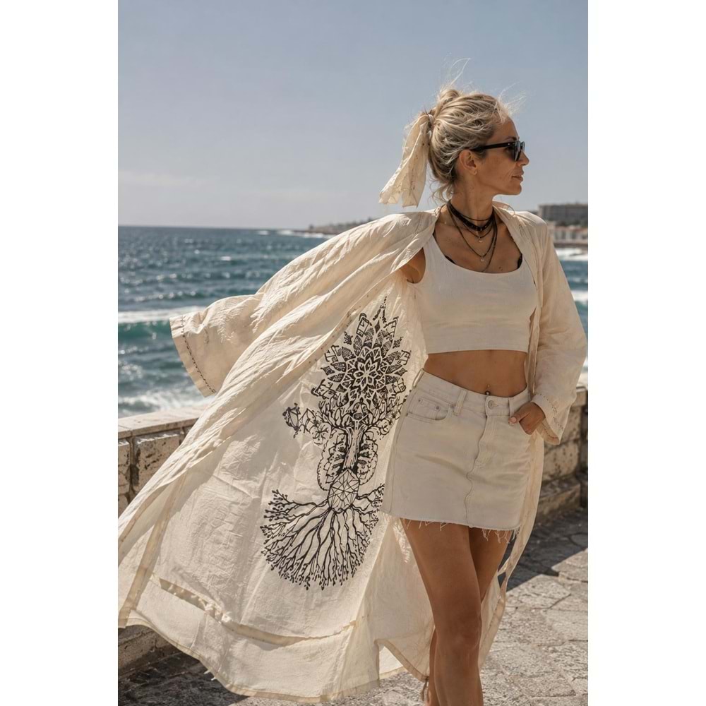 Bohem Tasarım Yeni Sezon Sırt Baskı Detay Hayat Ağacı Kimono Kaftan