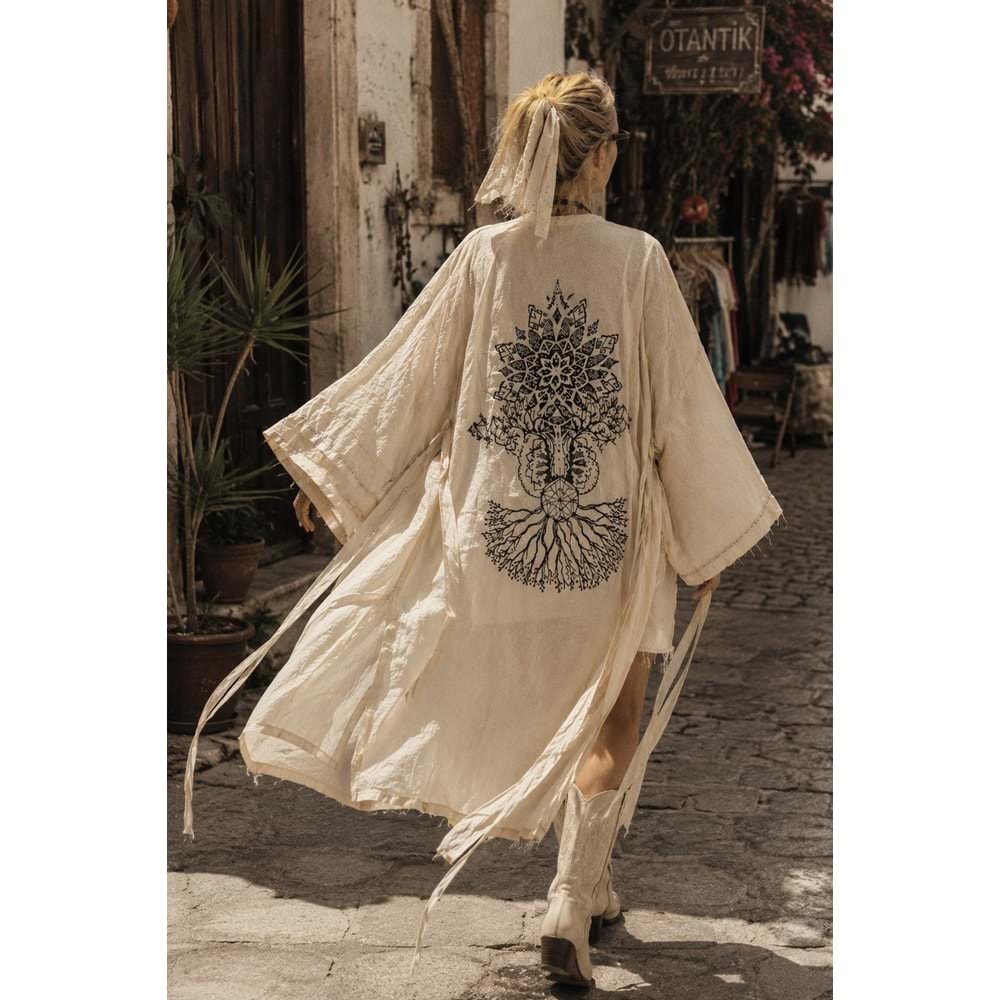 Bohem Tasarım Yeni Sezon Sırt Baskı Detay Hayat Ağacı Kimono Kaftan