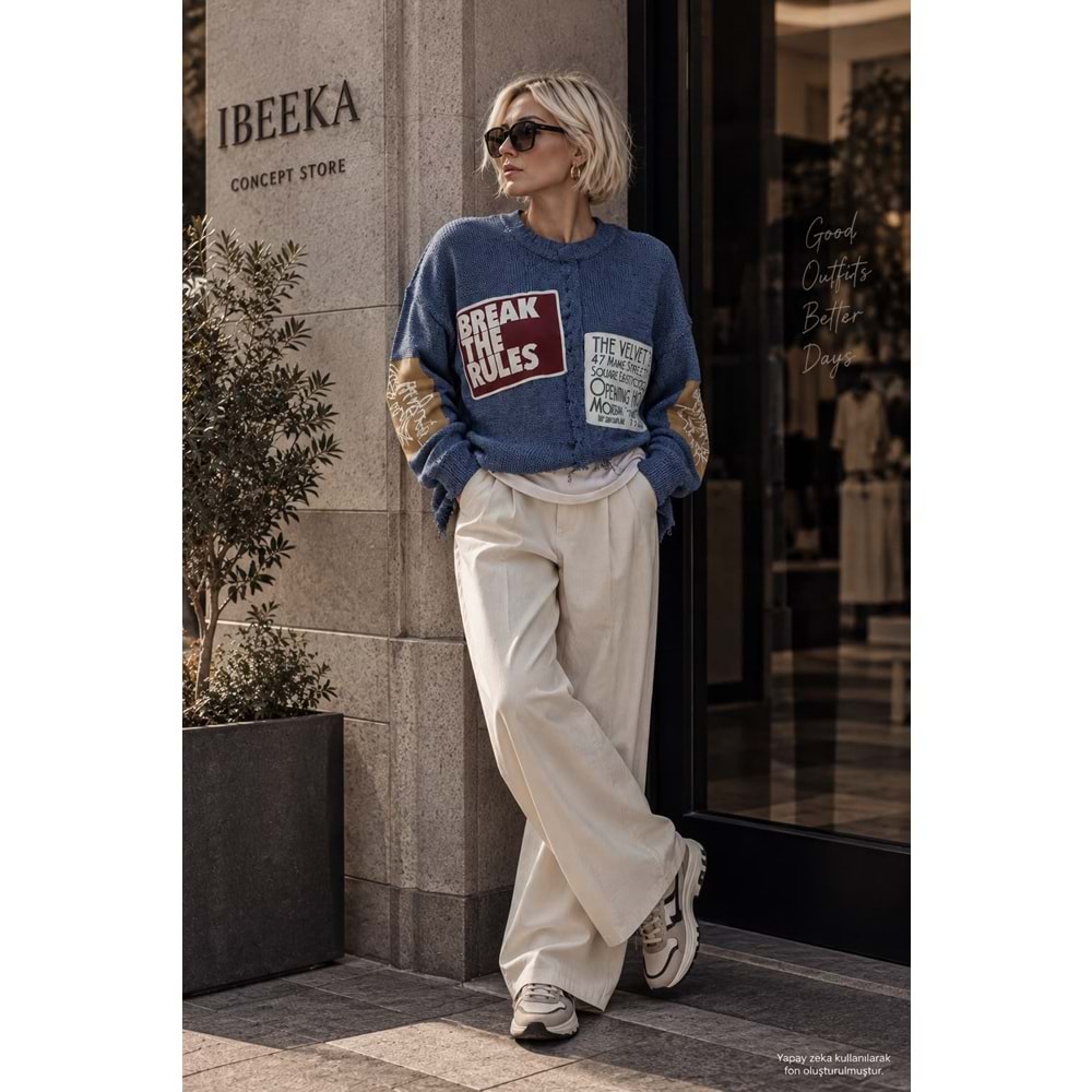 Rebel Mood Patch Ve Yırtık Detaylı Oversize Triko Tasarım Kazak