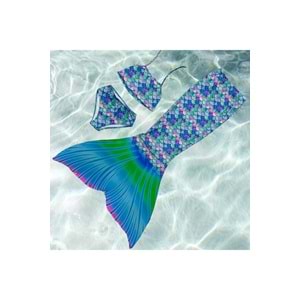 Kız Çocuk Deniz Kızı Kuyruklu Bikini Takımı - Çok Renk Geçişli Balıksırtı 3 Parça